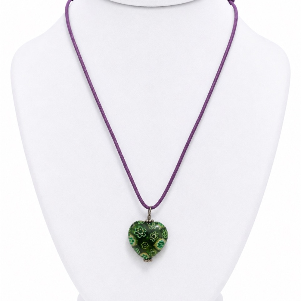 Green Millefiori Heart Glass Pendant Necklace with Purple Cord